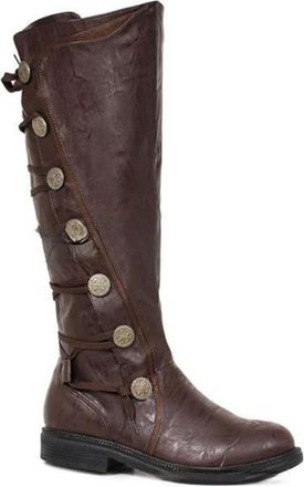 Generic Mens Round Toe Medieval Long Boots Flat Heel Knee High Boots PU Leather Pirate Boot with Button,Brown,7.5 UK