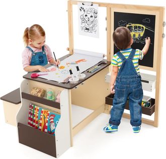 Costway Costway Caballete Infantil, Juego De Mesa Y Banco De Arte, Centro De Arte De Madera Multifuncional Con Caballete Ajustable De Doble Cara, Pizarr&oacute;n Mag
