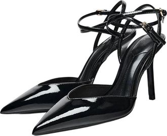 Generic Women Patent Leather High Heel Ankle Strap Pumps Pointed Toe Buckle Banquet Dress Shoes Black