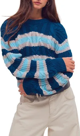 Free People Frankie Stripe Cable Stitch Cotton Sweater in Teal Combo at Nordstrom, Size X-Large