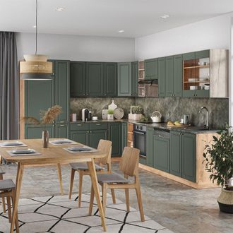 Vicco Cucina angolare completa Fame-Line, Quercia verde-oro Country/oro Power, 347 x 257 cm senza piano di lavoro