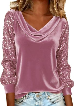 Generic Velvet Tops for Women Elegant Cowl Neck Pleated Blouse Dressy Casual Going Out Puff Long Sleeve Tops Autumn Clothes (Z04-Pink, L)