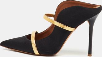 Malone Souliers Black/gold Satin And Leather Maureen Mules