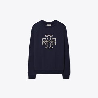 Tory Burch Womens Heavy French Terry Logo Crewneck in Blue, size S