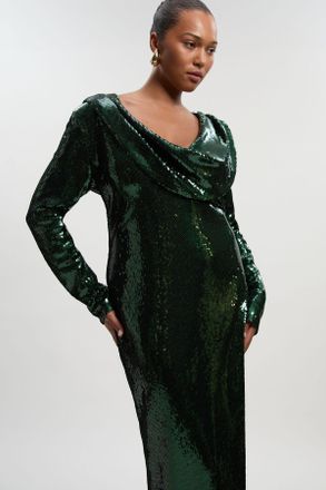 Karen Millen Womens Plus Size Sequin Plunge Cowl Neck Strong Shoulder Long Sleeve Midi Dress - Emerald - Size 3XL