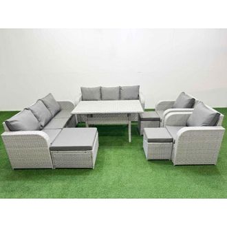 Fimous Pe Rattan High Back Lounge Sofa Set Patio Rectangular Dining Table & Chairs Set with 3 Seater Sofa Reclining Chair 3 Stools 2 Side Table Light Grey
