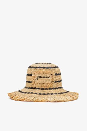Ganni Mixed Bucket Hat in Striped Raffia