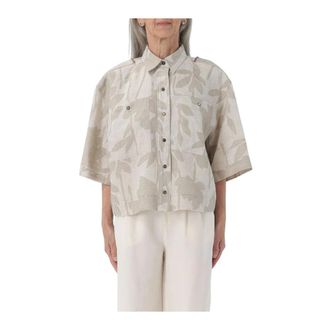 Brunello Cucinelli Shirts, female, Beige, S, Floral Print Linen Boxy Shirt