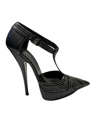 Balenciaga Balenciaga T-Strap Contrast Stitch Hakken in Zwart Leer