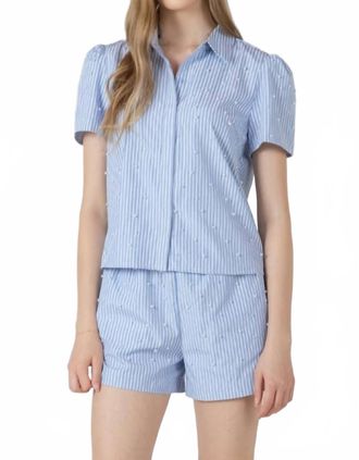 Dex Clothing Seaside Pearl Puff Sleeve Blouse In Blue