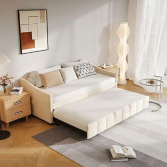 OEM Lit Gigogne 90x200 - Sof&aacute;-cama De 2 Plazas De Terciopelo Beige, Estructura De Madera Y Metal, Estilo Contempor&aacute;neo