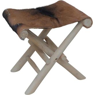vidaXL Sgabello Pieghevole in Pelle di Capra e Legno di Teak Vidaxl