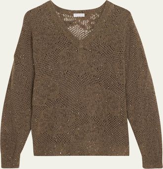Brunello Cucinelli Diamante Paillette Mohair Open-Knit V-Neck Sweater