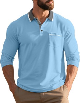 Generic Mens Long Sleeve Polo Shirts Adult Casual Breathable Work Polo Western Clothes England Rugby Tennis Shirts with Pocket for Men UK Designer Collared Ts