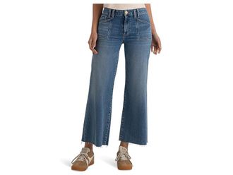 Kut from the Kloth Petite Meg High-Rise Wide Leg Front Pockets Inset-Raw Hem Womens Jeans Earn : 18P 25, Cotton/Denim/Polyester