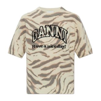 Ganni T-Shirts, female, Beige, Size: XS Animal Print Top
