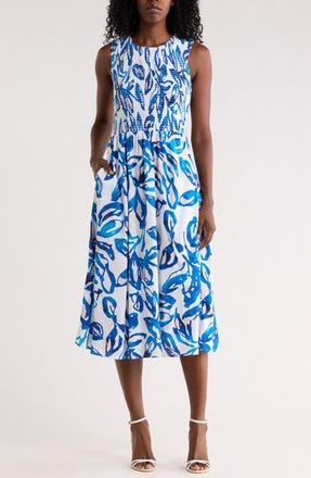 Calvin Klein Smocked Sleeveless Midi Dress in Pacific Multi at Nordstrom Rack, Size 10