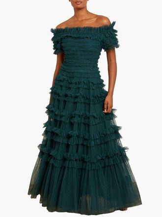 Needle & Thread Lisette Ruffle Off Shoulder Gown in Emerald at Nordstrom, Size 10