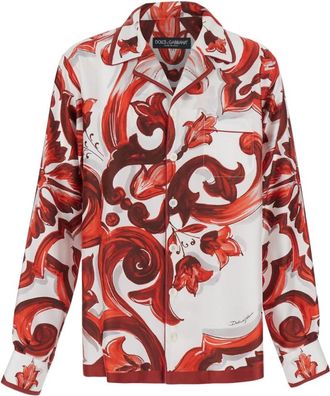 Dolce & Gabbana Shirt met Hawa&iuml;kraag en All-Over Maiolica Print in Zijde - Heren - Casual Overhemden - Veelkleurig - 2XL - Overhemden