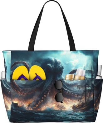 Generic Ocean Octopus Print Large Beach Bag Foldable Travel Shoulder Tote Bag With Pocket For Weekender Pool Vacation