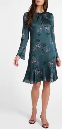 Santorelli Drake Long Sleeve Printed Shift Dress with Ruffled Skirt in Steel Teal at Nordstrom, Size 6
