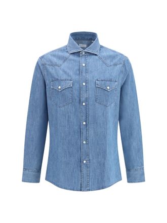 Brunello Cucinelli Mens Shirt Easy Fit Medium Wash Denim Cotton