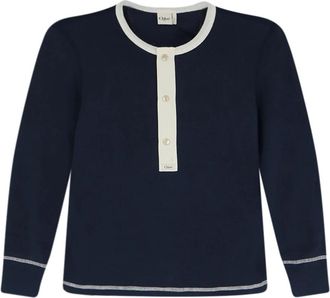 Chlo&eacute; Cotton Jersey Fit Henley Shirt - Dames - Ronde hals truien - Blauw - L - Katoen - Truien & Vesten