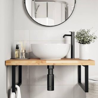 Berkfield Home Elegant Basin Shelf Wall Mounted Steel & Solid Wood Acacia in Brown