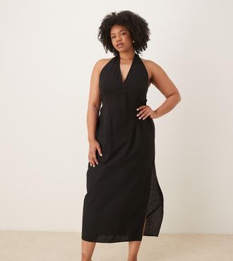 Asos Curve ASOS DESIGN Curve - Prendisole midi allacciato al collo in cotone e lino nero con bustino sagomato