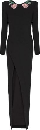 Balmain Lange jurk met open rug en rozenborduursel - Dames - Avondkleed - Zwart - L - Polyester - Kleedjes