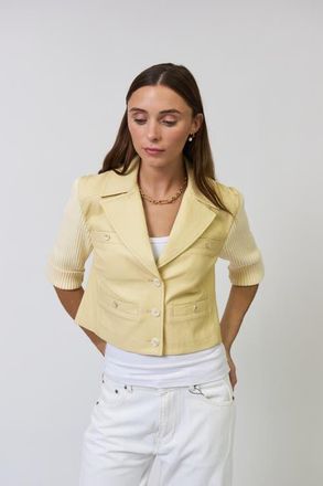 Central Park West Ophelia Cropped Faux Leather X Sweater Jacket in Yellow at Nordstrom, Size X-Large