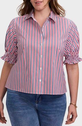 Foxcroft Vivienne Stripe Elbow Sleeve Matte Sateen Button-Up Shirt in Navy Blue/Red at Nordstrom, Size 3 X
