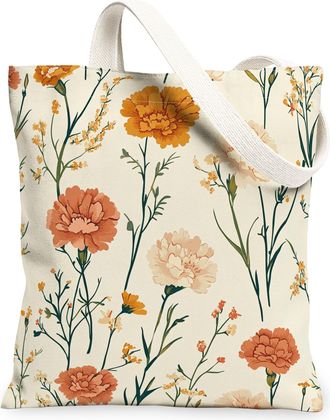 Generic Spring Carnations Flower Canvas Tote Bag for Shopping 13x15, Vintage Wildflower Florals Reusable Grocery Print Bag for Women, Aesthetic Beach Aestheti