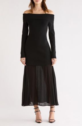 ASTR the Label Lidia Mixed Media Off the Shoulder Long Sleeve Dress in Black at Nordstrom, Size X-Small