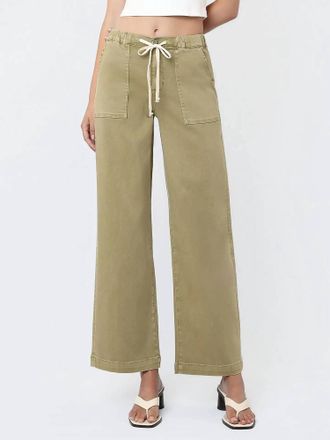 Flying Monkey High Rise Elastic Drawstring Baggy Wide Jeans In Green