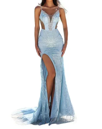 Portia & Scarlett Glitter Train Prom Dress In Blue