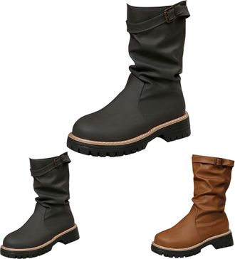Generic Womens Mid-Calf Boots, Ladies Round Toe Chunky Block Heel Riding Boots Slouchy Comfortable Pull On Shoes Winter Suede Rouched Shoes with Adjustable Bu