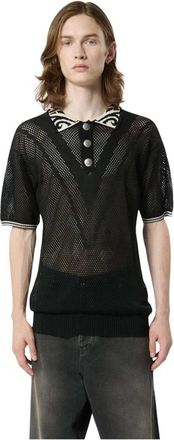John Richmond Mesh Top met Contrasterende Kraag en Knopen - Heren - Ronde hals truien - Zwart - XL - Katoen - Truien & Vesten