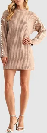 All in Favor Contrast Whipstitch Long Sleeve Mini Sweater Dress in Mocha Moose at Nordstrom Rack, Size X-Small