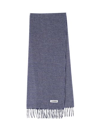 Jil Sander Blue Check Virgin Wool Fringed Scarf
