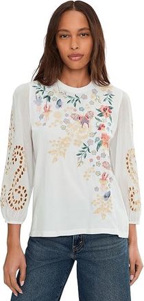 Johnny Was 3/4 Sleeve Mixed Media T-Shirts - Arva Womens Clothing White : SM, Cotton