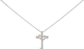 House of Brilliance 14K Rose Gold Plated Sterling Silver 1/10 Cttw Diamond Cross & Heart Pendant Necklace