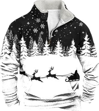 Generic KUIH Christmas Jumpers for Men Quarter Zip Sweatshirts Xmas Tree Reindeer Print Pullover Long Sleeve Top Fleece Lined Jumper Stand Collar Sweatshirt X