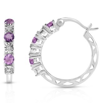 MAX + STONE 925 Sterling Silver Real Diamond and Gemstone Hoop Earrings