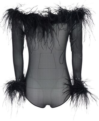Twentyfourhaitch Womens Black Top With Boat Neck And Feathers Nylon Tops