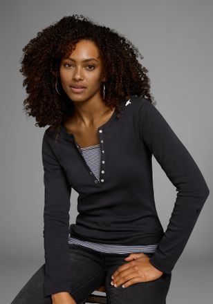 Kangaroos 2-in-1-Shirt KANGAROOS, Damen, Gr. 32/34, schwarz-weiss (schwarz, wei&szlig;), Obermaterial: 100% Baumwolle, geringelt, unifarben, sehr figurbetont, Rundhal