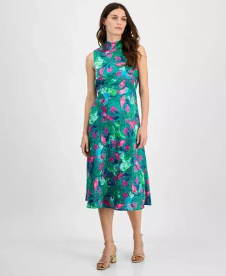 Tahari by ASL Midi Dress Womens Jade Rose Print Sleeveless Mock Neck FTS1433