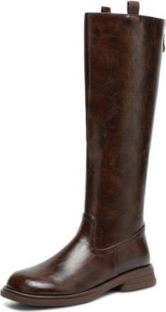 Generic Women Knee High Distressed PU Leather Round Toe Casual Boots Low Block Heels Side Zip Pull Tab Slim Fit Comfortable Durable,Brown,6.5 UK