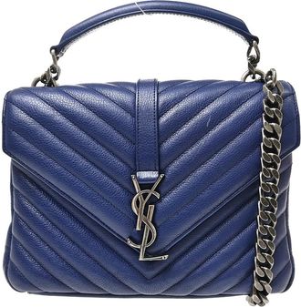 Saint Laurent Classic Monogram College Matelasse Chevron Leather Blue Leather Handbag (Pre-Owned)