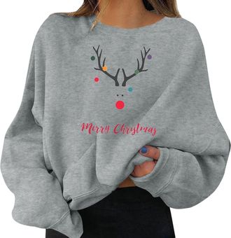 Generic Ladies Christmas Reindeer Print Sweatshirt, Classic Festive Animal Breathable Round Neck Top Relaxed Casual Wear Holiday Parties Weekend Outings